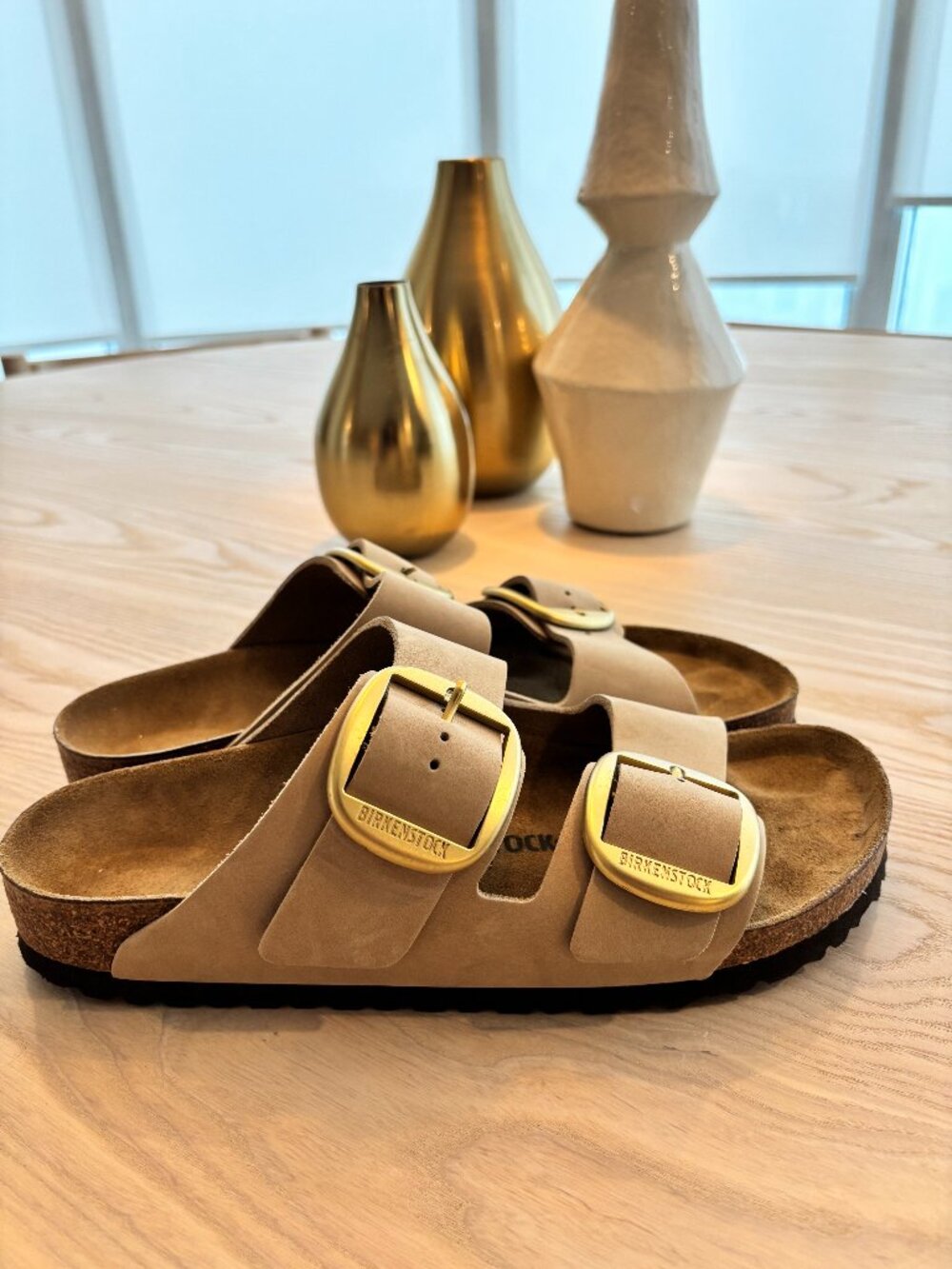 Birkenstock Arizona Big Buckle Nubuck Tan w/Gold Buckle 42N